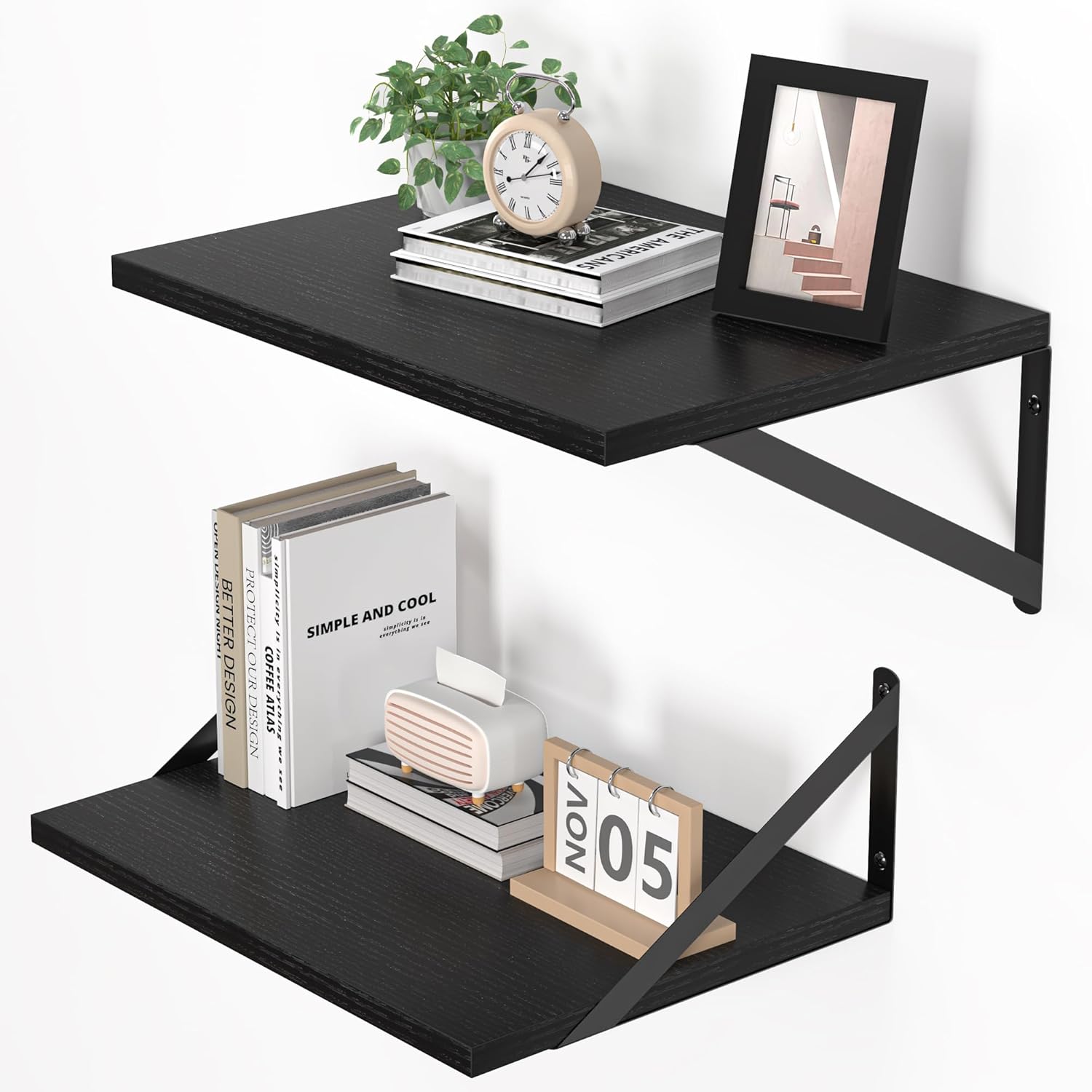 Black Floating Shelves Set of 2 for Wall 16W x 12D