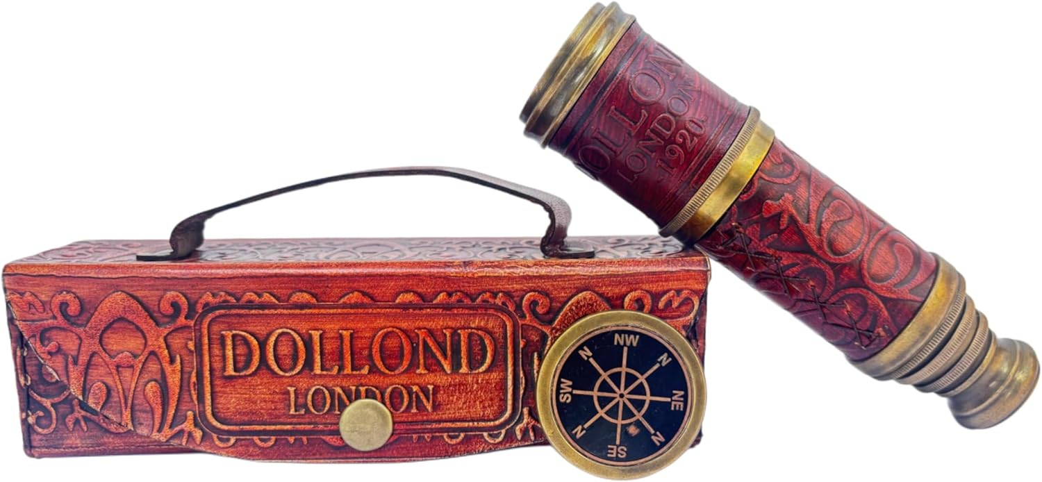 Antique Brass and Leather Telescope with Magnification