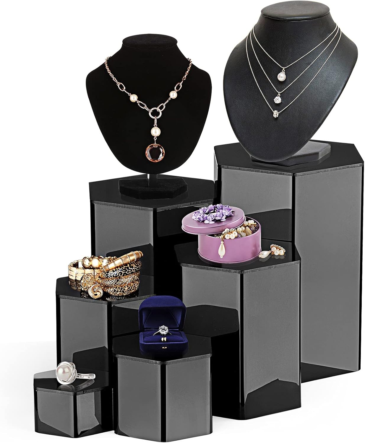 Jetec Hexagonal Jewelry Display Risers - 6 Sizes Black
