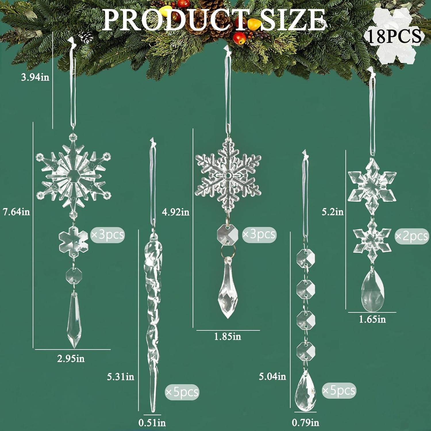 18pcs Crystal Christmas Ornaments Set for Tree Decorations