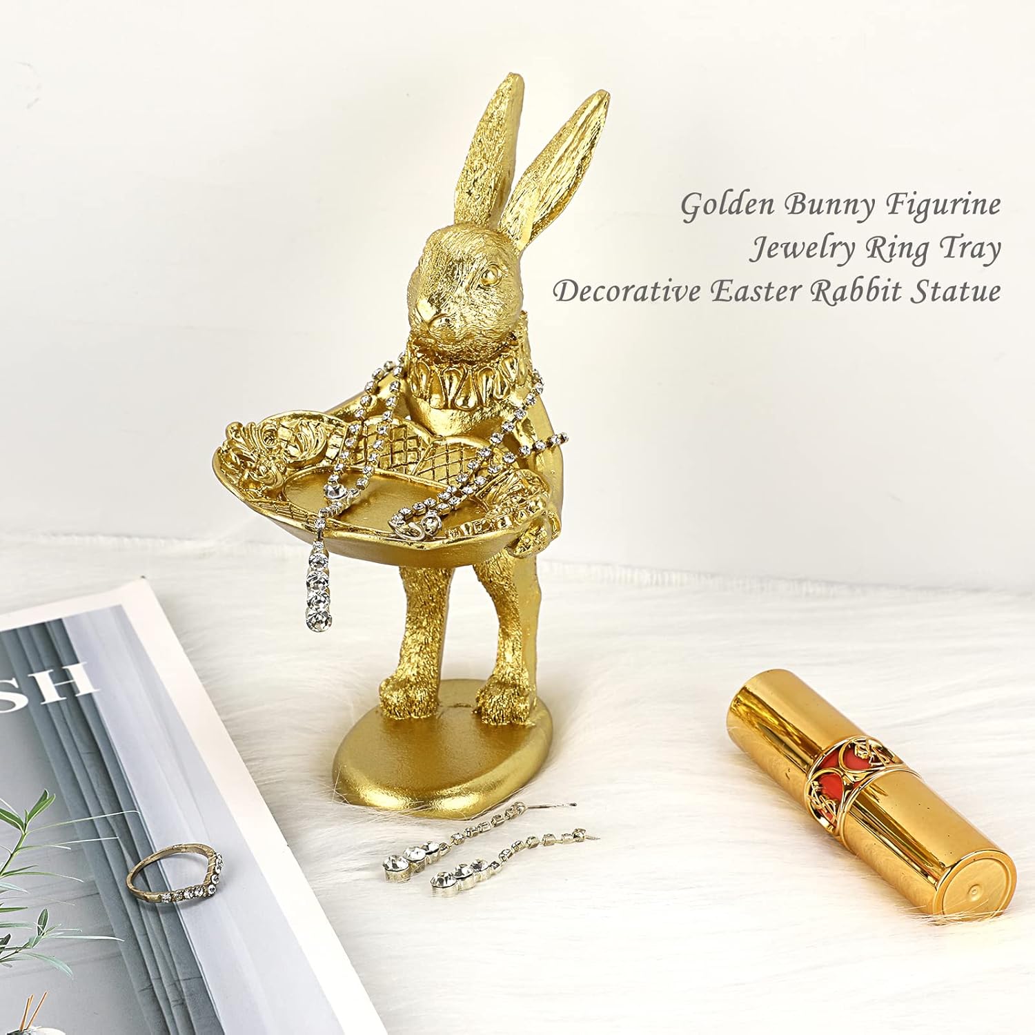 ELLDOO Golden Bunny Jewelry Ring Tray Decor