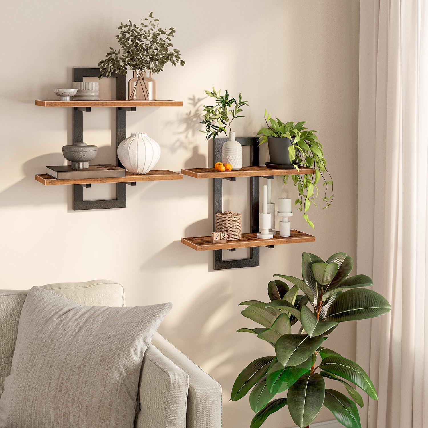 HOOBRO Floating Shelves 2-Tier Set of 2 Rustic Brown and Black