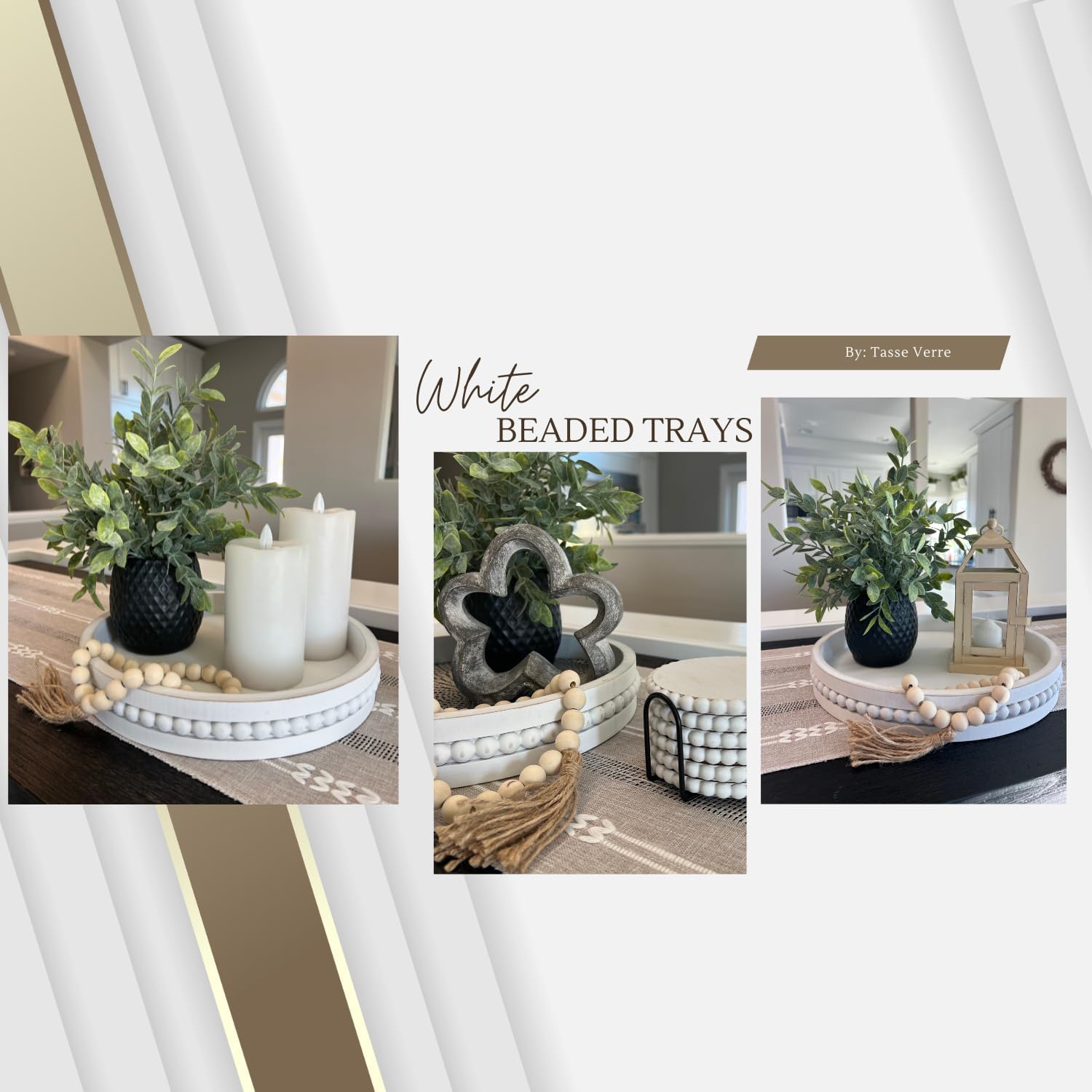 Tasse Verre White Beaded Decorative Tray Set 2-Pack