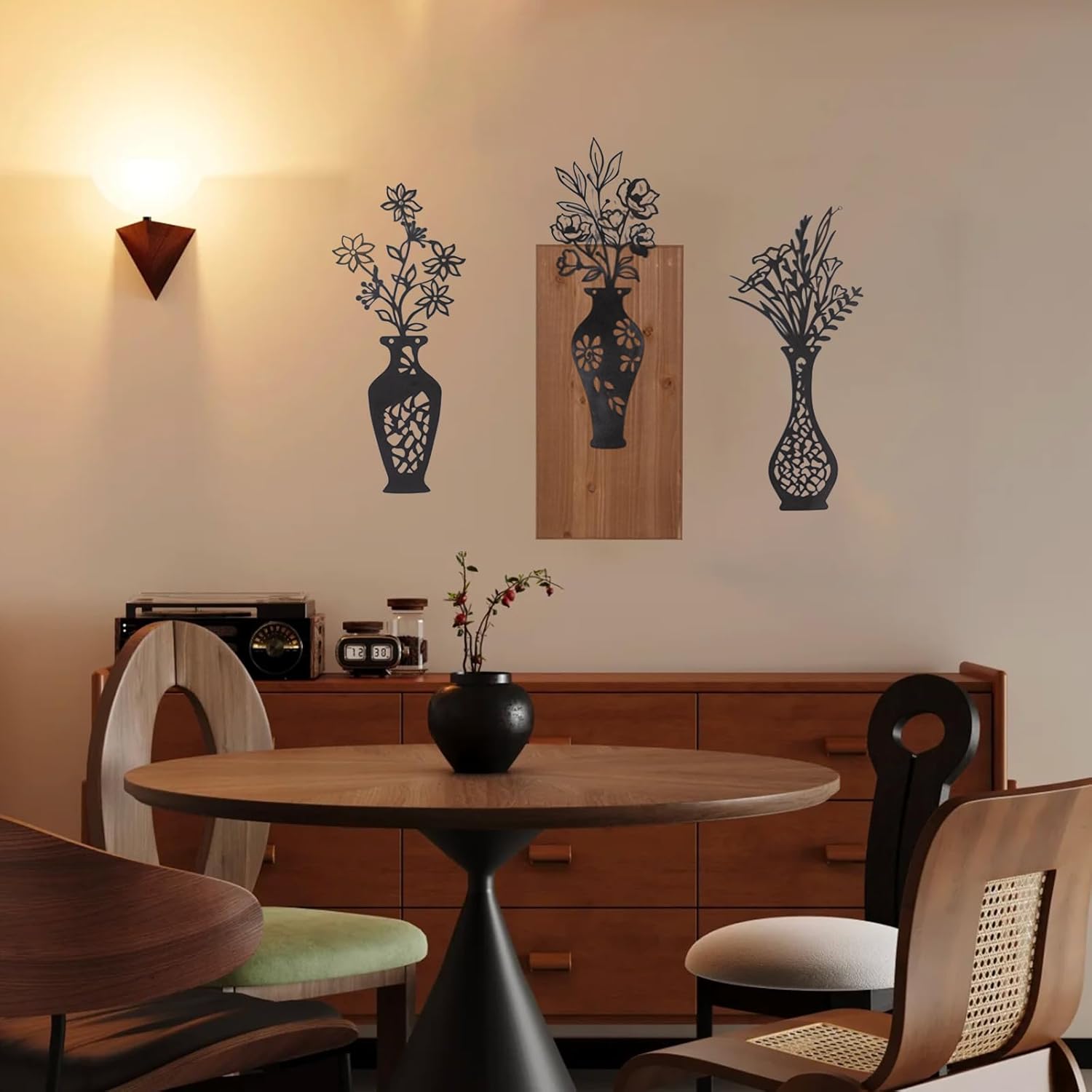 3pk Metal Wall Art Decor with Wooden Board