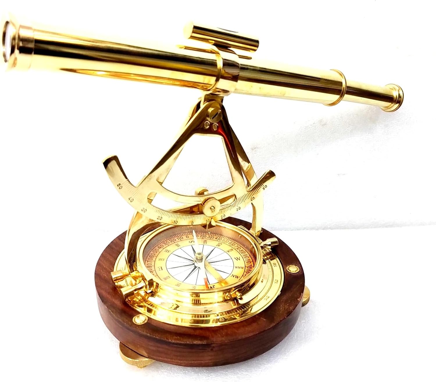 Brass Alidade Telescope with Wooden Base and Navigation Compass