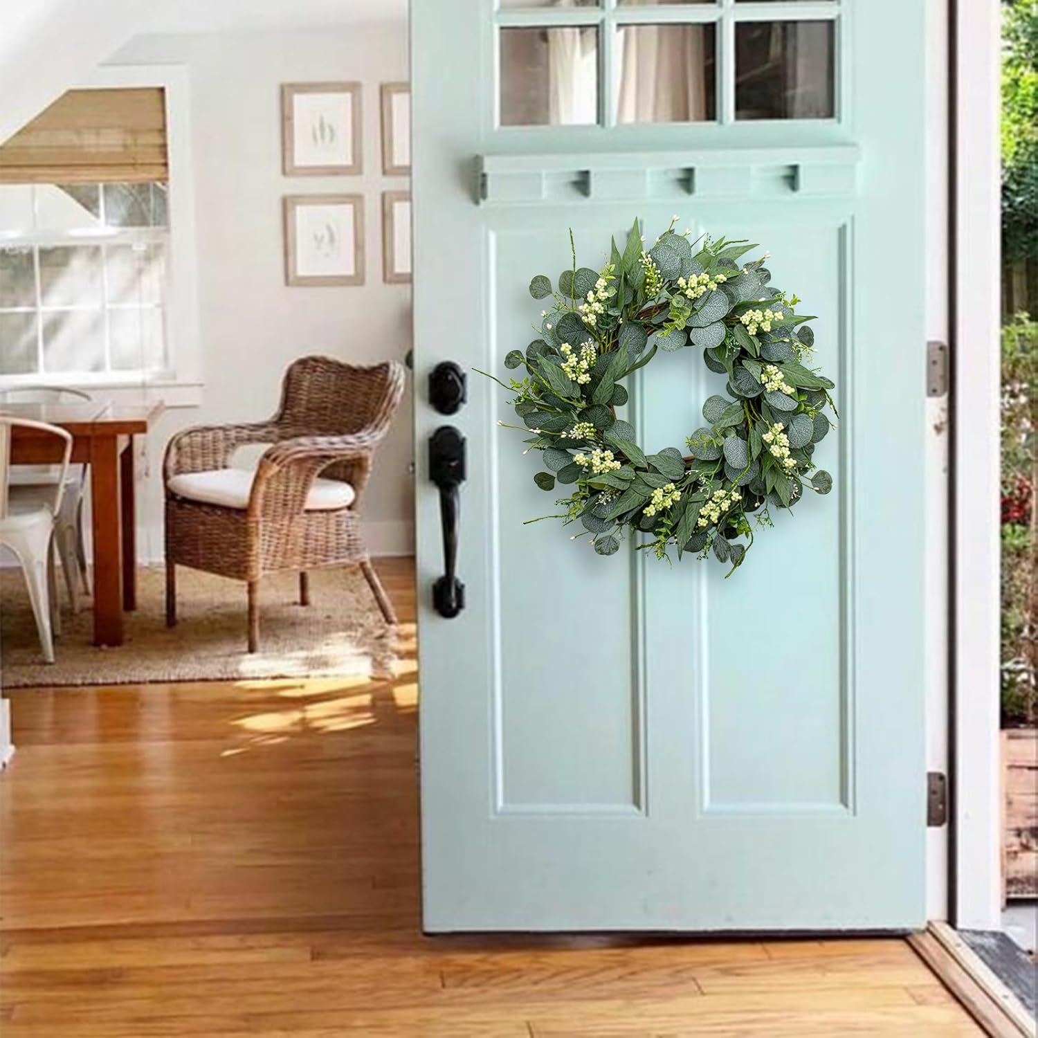 MagicWreath 22 Inch Artificial Green Eucalyptus Wreath with White Berries