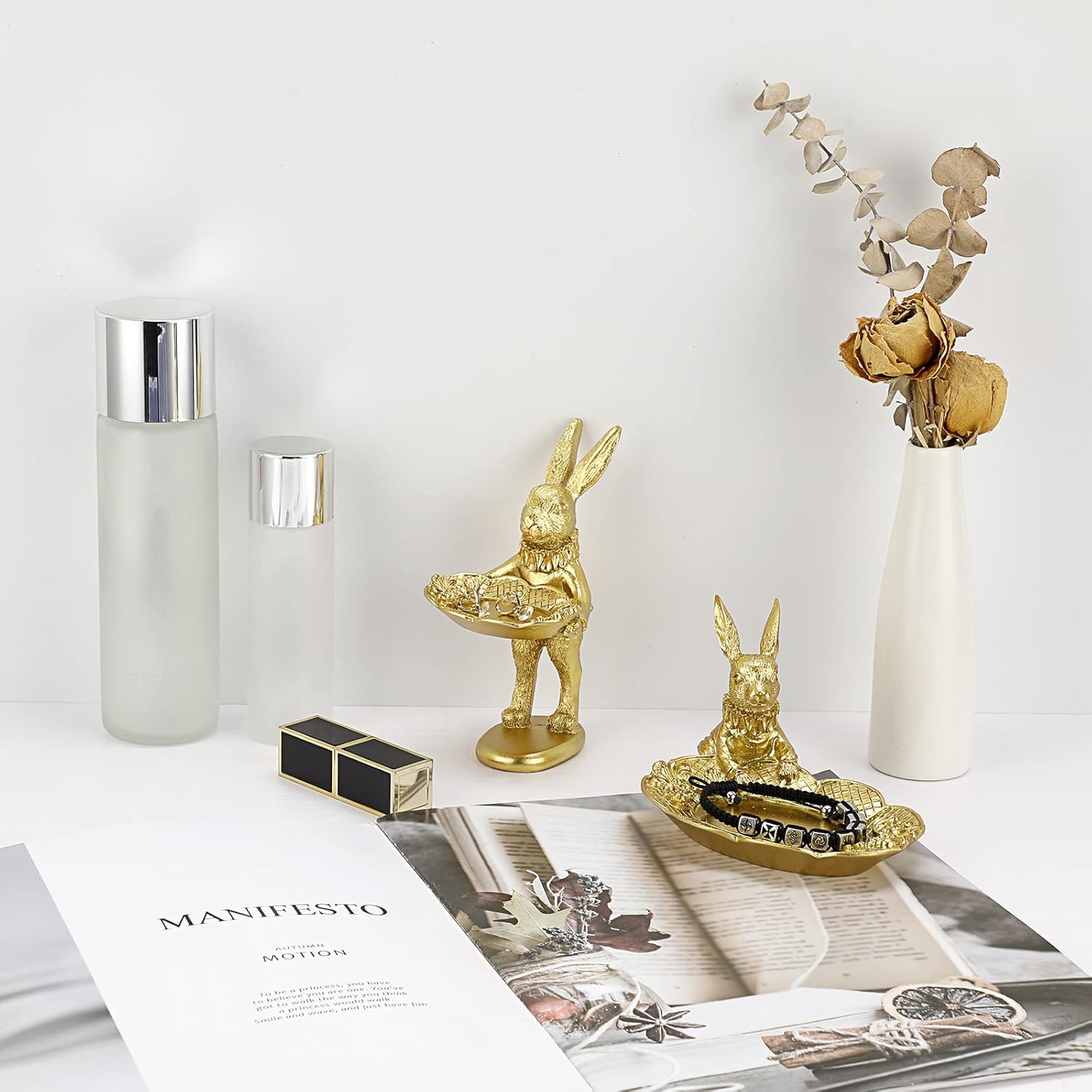 ELLDOO Golden Bunny Jewelry Ring Tray Decor