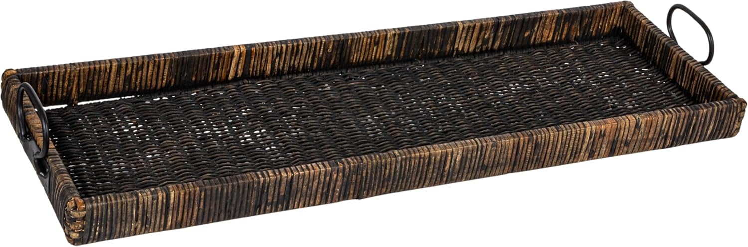 Creative Co Op Black Rattan Wood Tray with Handles