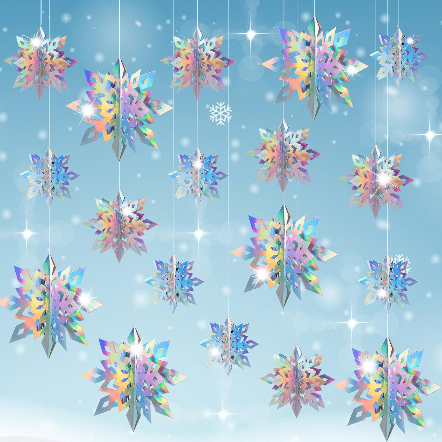 Geegoods 18PCS 3D Holographic Snowflake Garland
