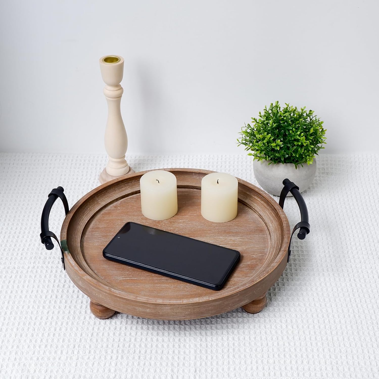 TOOLTENG Round Wooden Serving Tray with Handles