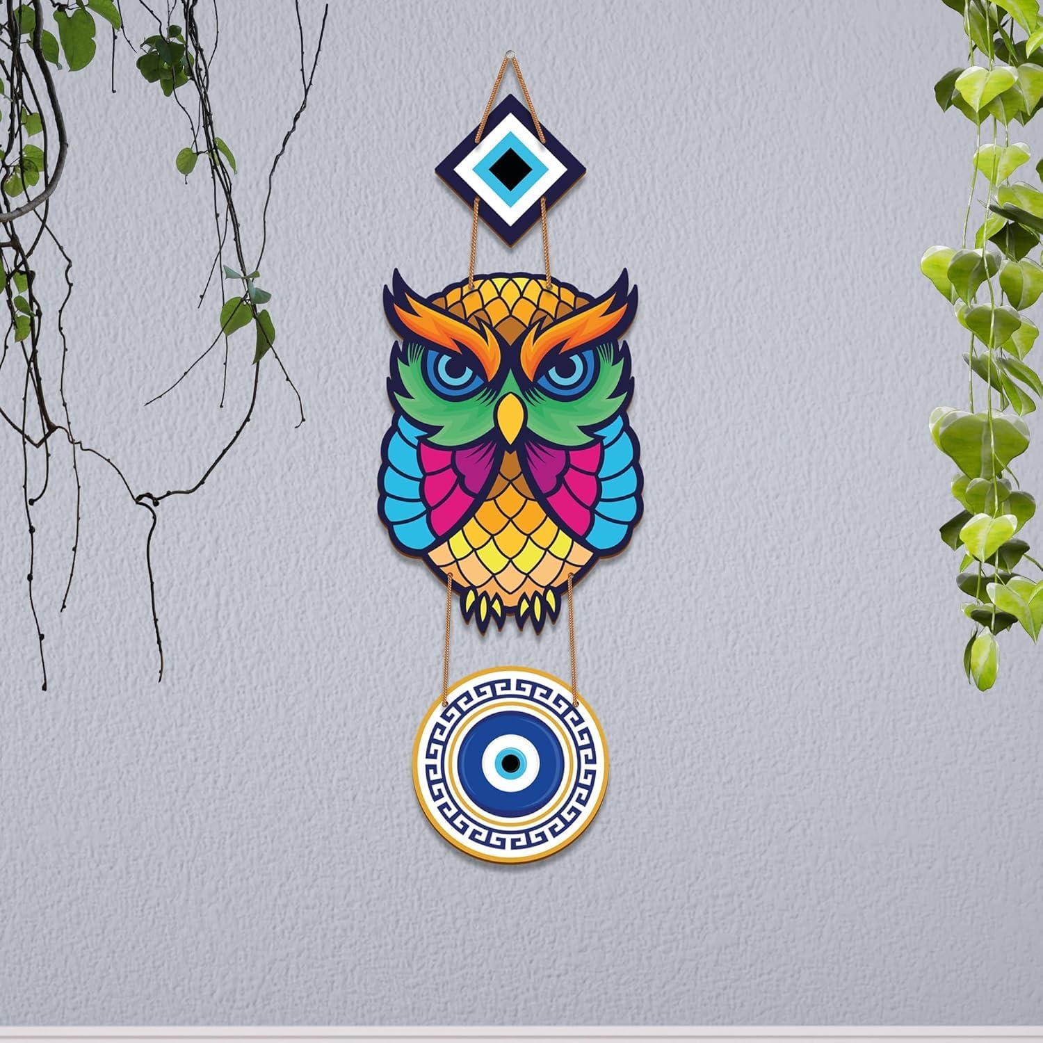Wooden Owl Wall Hanging with Evil Eye Design