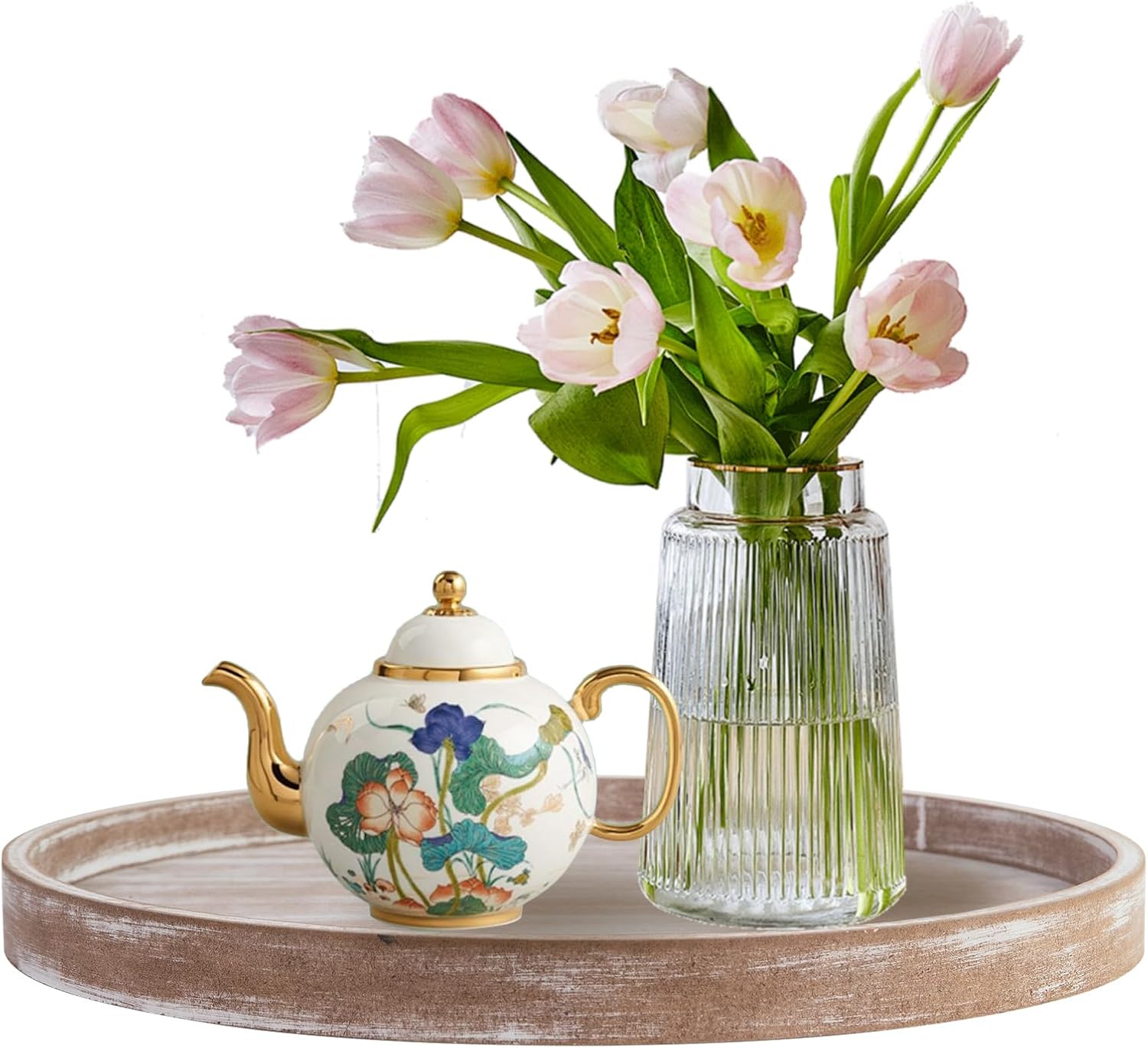 Rustic Round Wooden Coffee Table Tray with Farmhouse Design