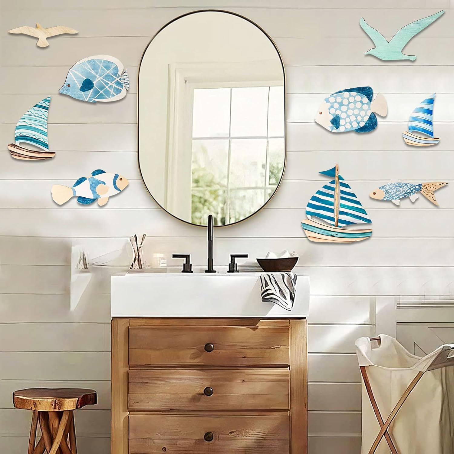 Xisakaca 9pcs Wood Sailboat Wall Decor Set