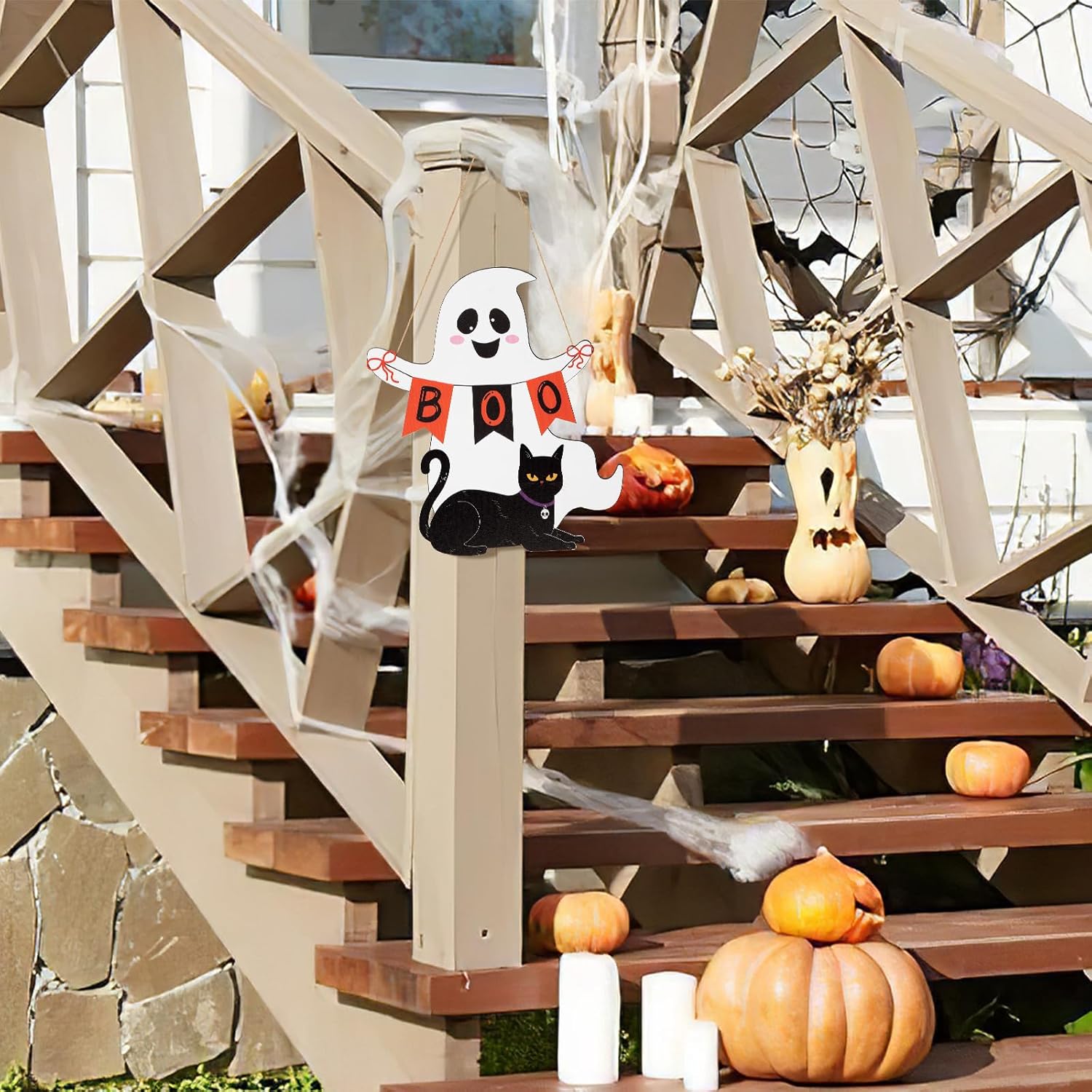 Halloween Wooden Ghost Door Wreath with BOO Sign