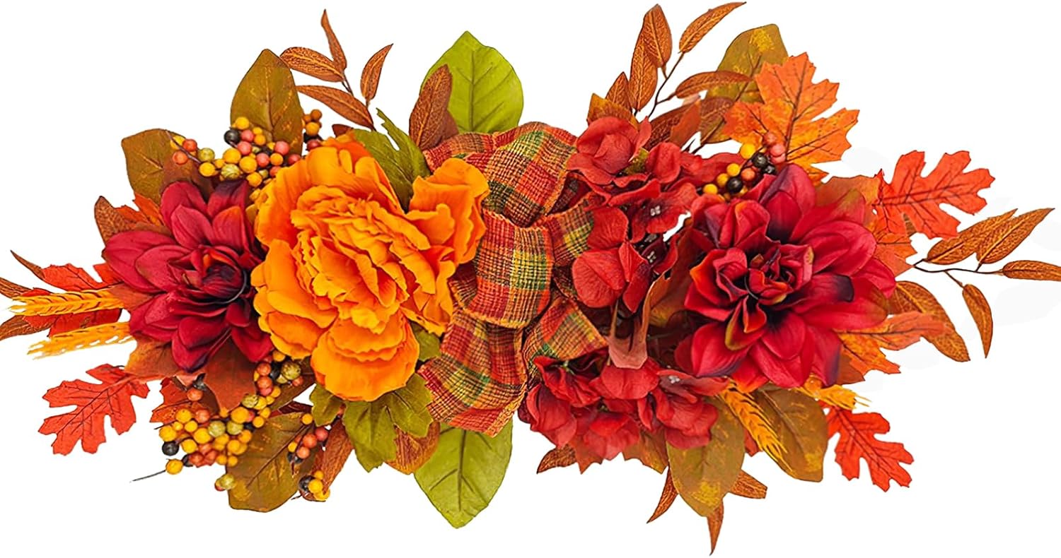 Artificial Peony Fall Decor Swag with Maple Leaves
