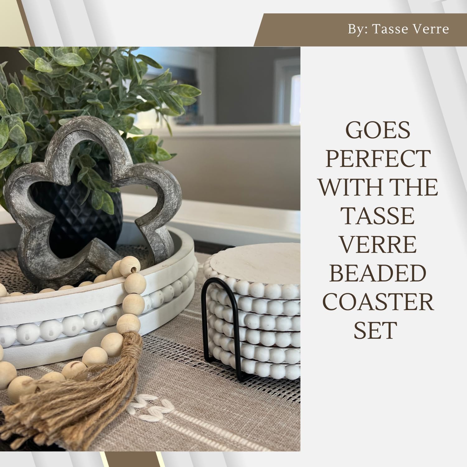Tasse Verre White Beaded Decorative Tray Set 2-Pack