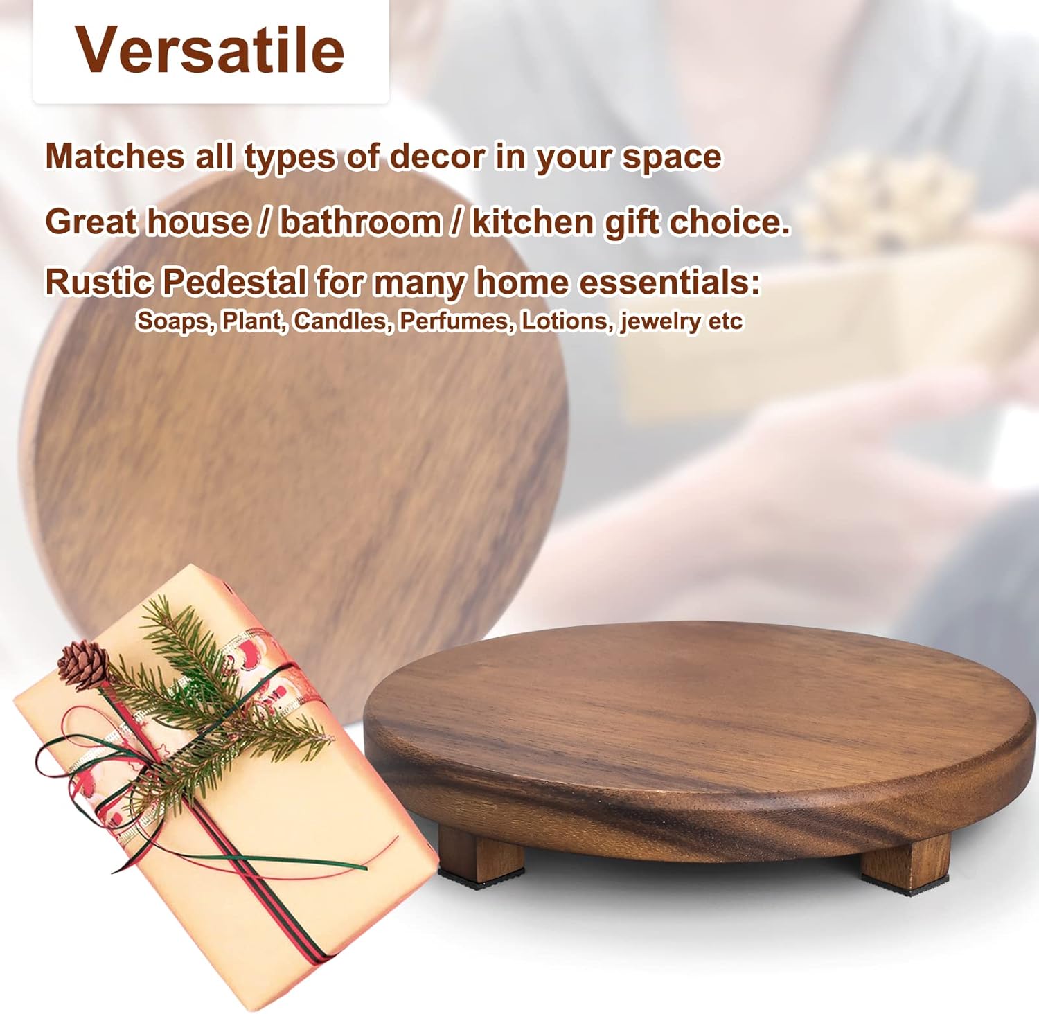 Walnut Wood Pedestal Stand for Kitchen Counter and Decor