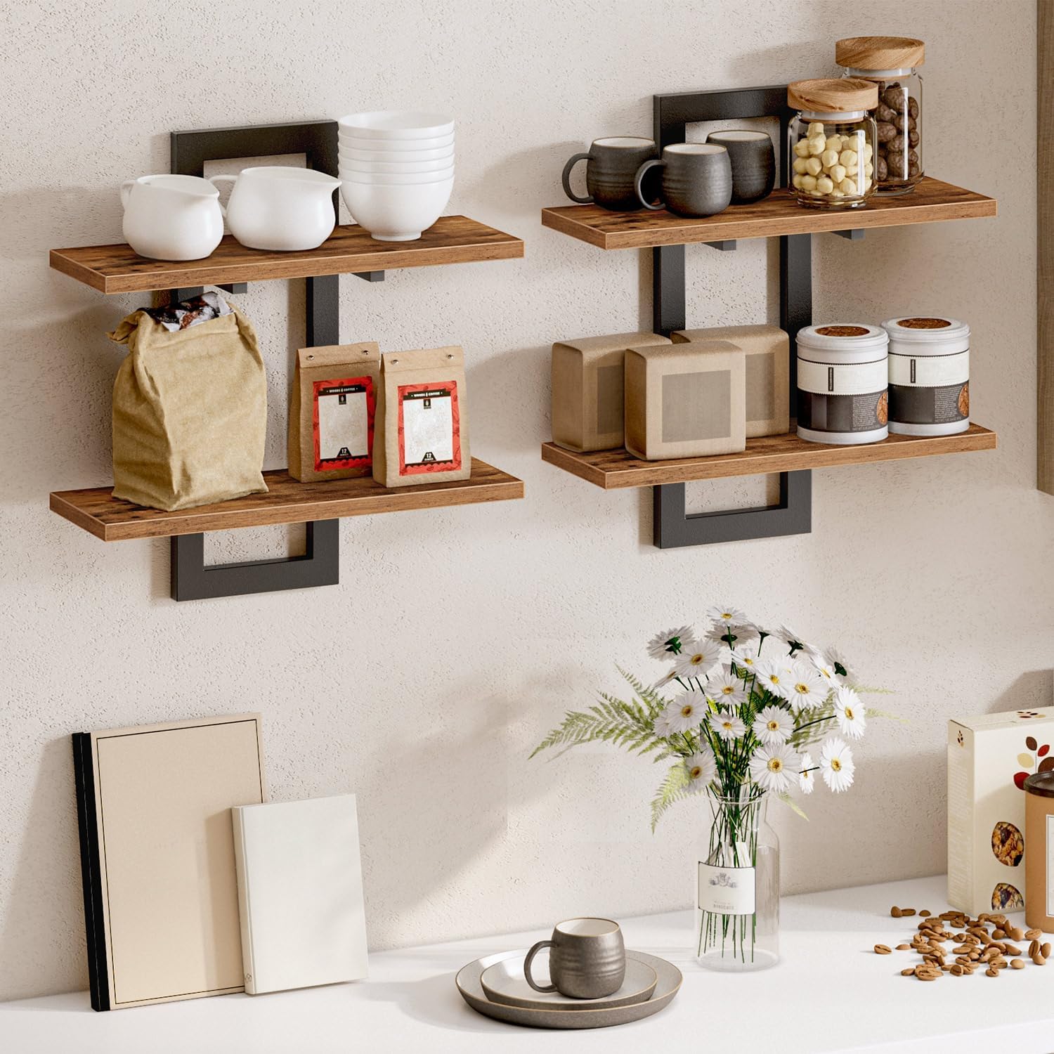 HOOBRO Floating Shelves 2-Tier Set of 2 Rustic Brown and Black