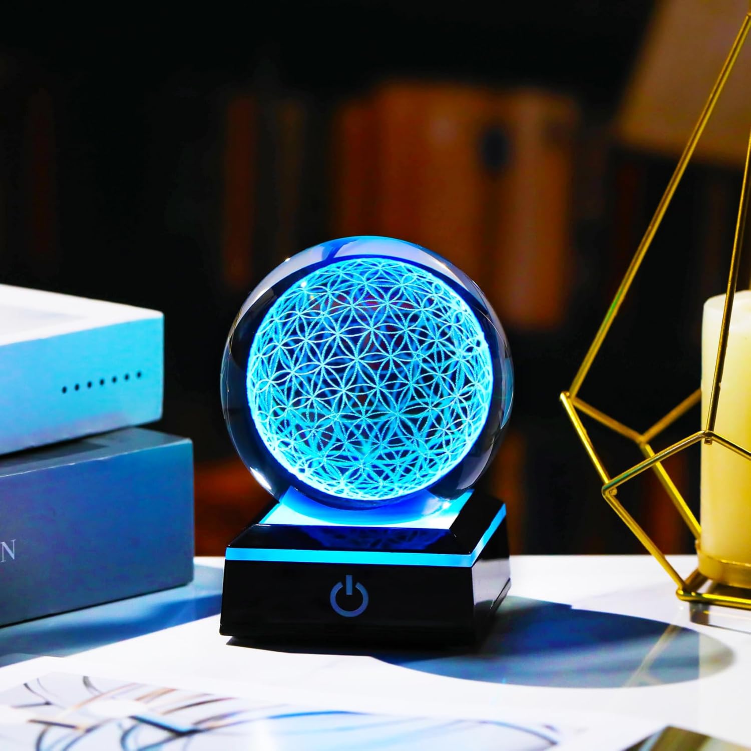 3D Flower of Life Crystal Ball with LED Base