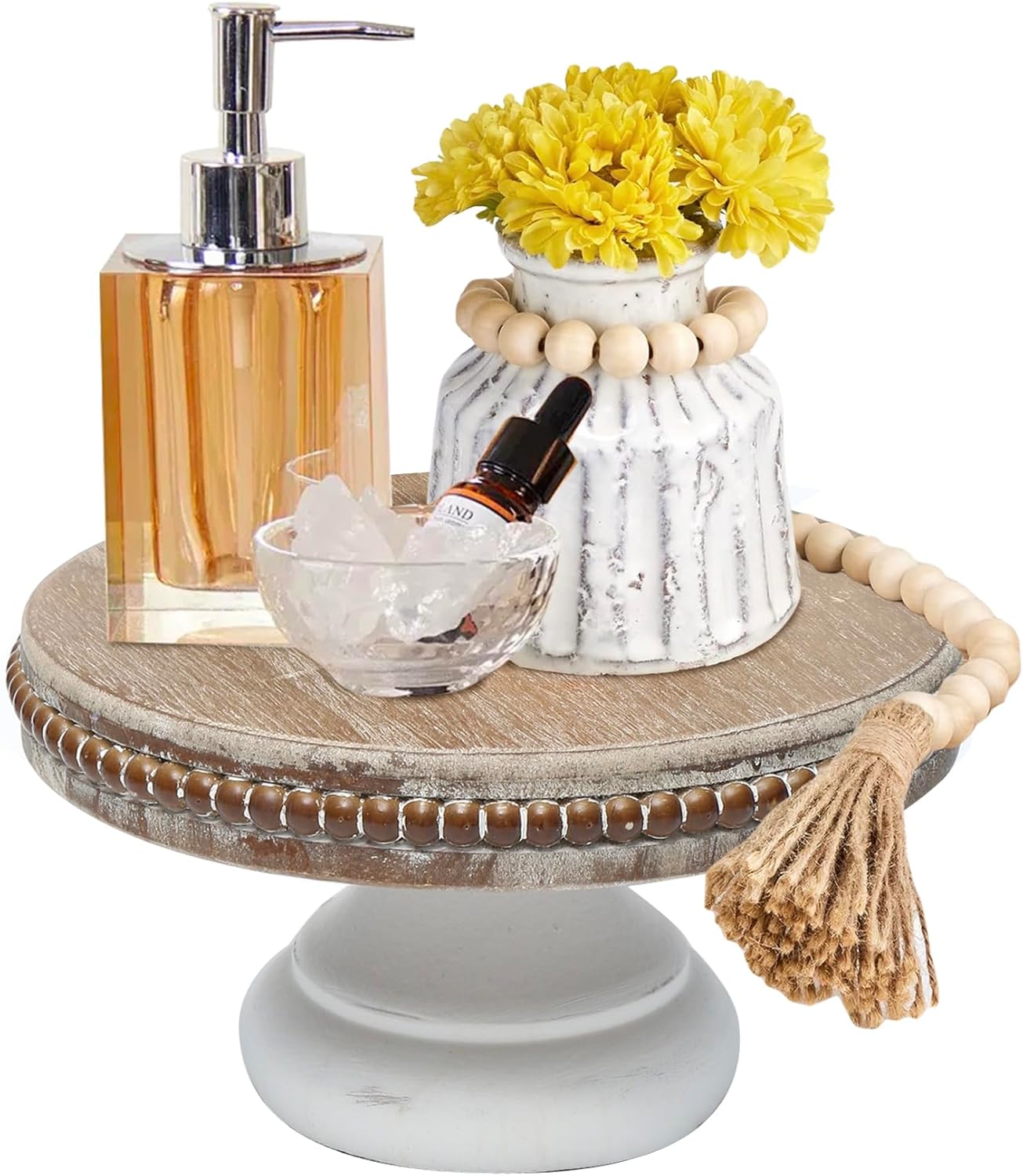 White Wash Round Wood Riser Display Stand for Decor