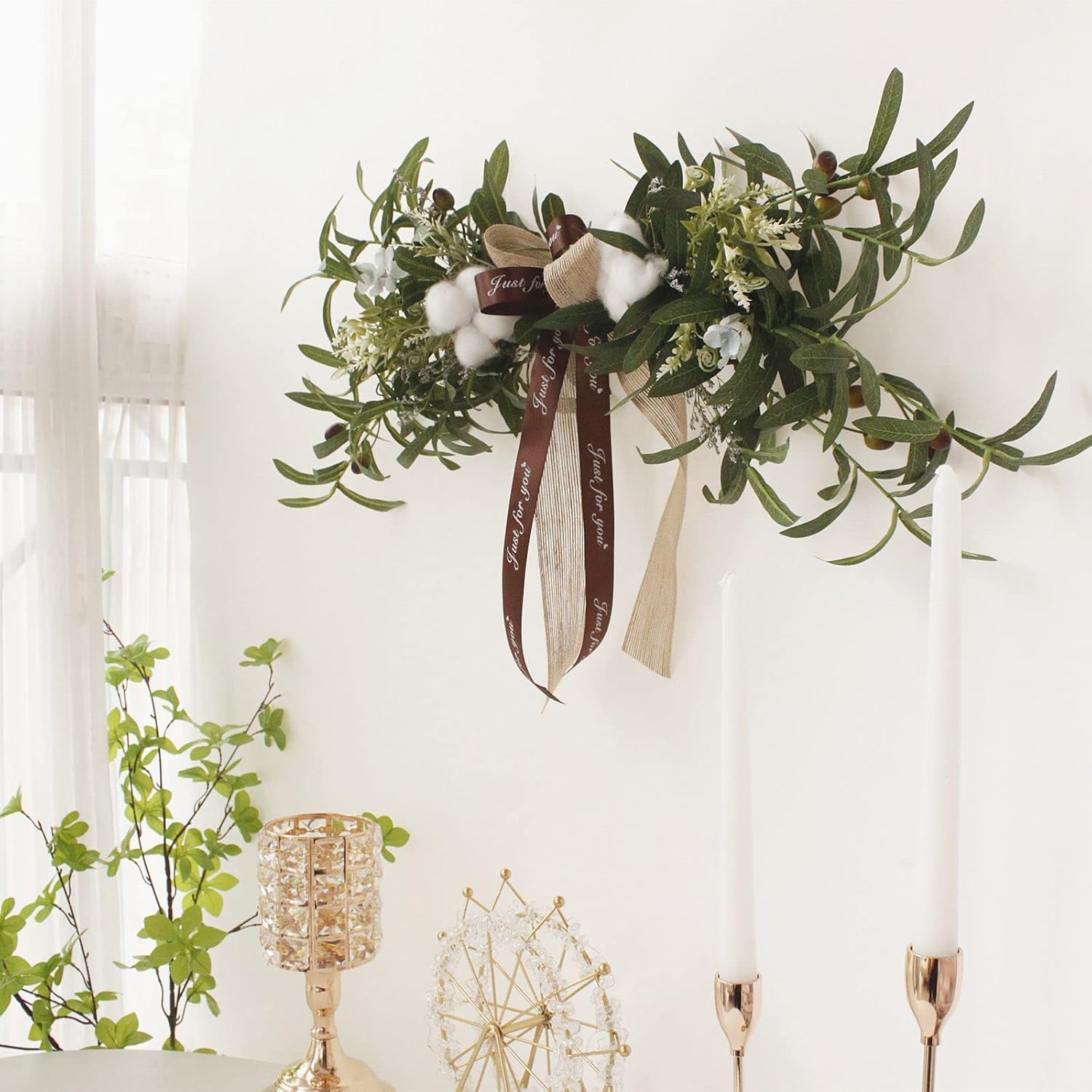 Artificial Olive Swag with Cotton and Ribbon Bow