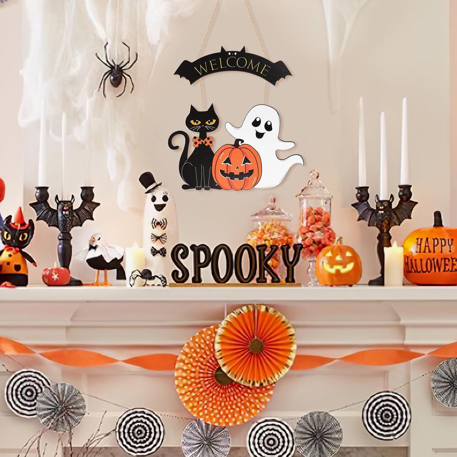 Halloween Wooden Ghost Door Wreath Welcome Sign