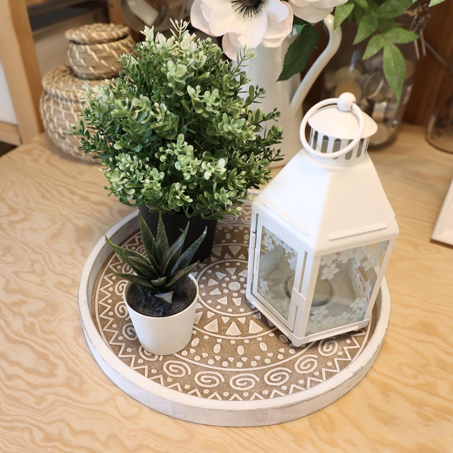 Boho Round Wooden Decorative Tray with Beaded Detail