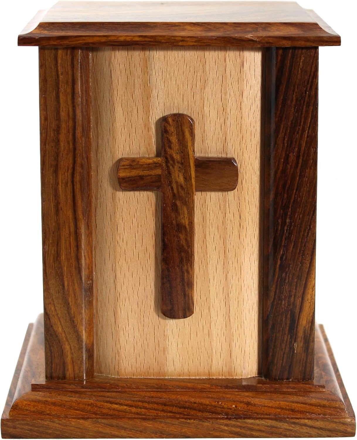 Handcrafted Wooden Memorial Urn with Cross for Human Ashes