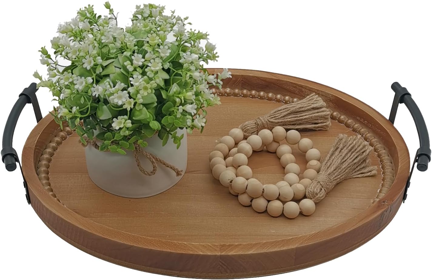 Oval Rustic Wooden Decorative Tray with Metal Handles