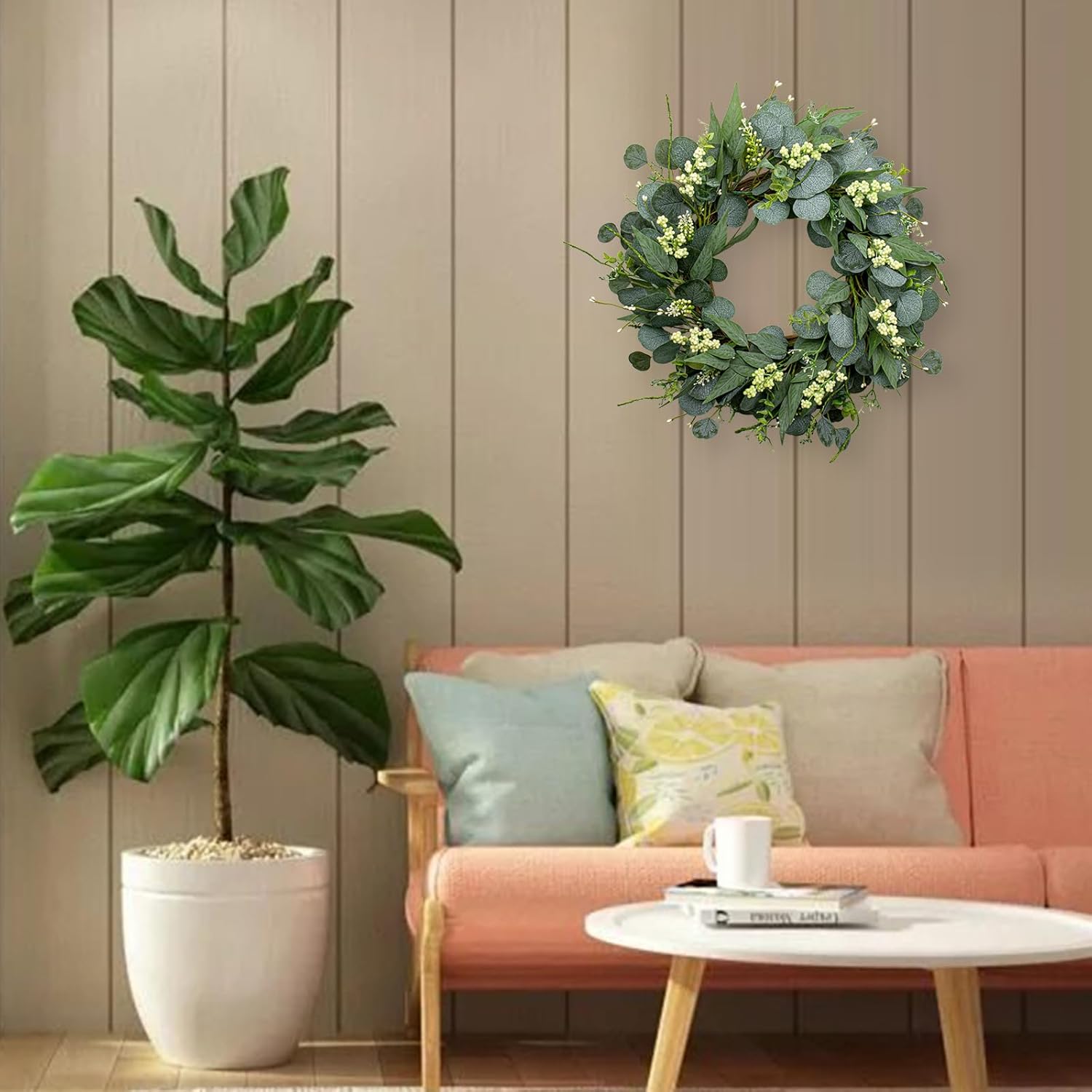 MagicWreath 22 Inch Artificial Green Eucalyptus Wreath with White Berries