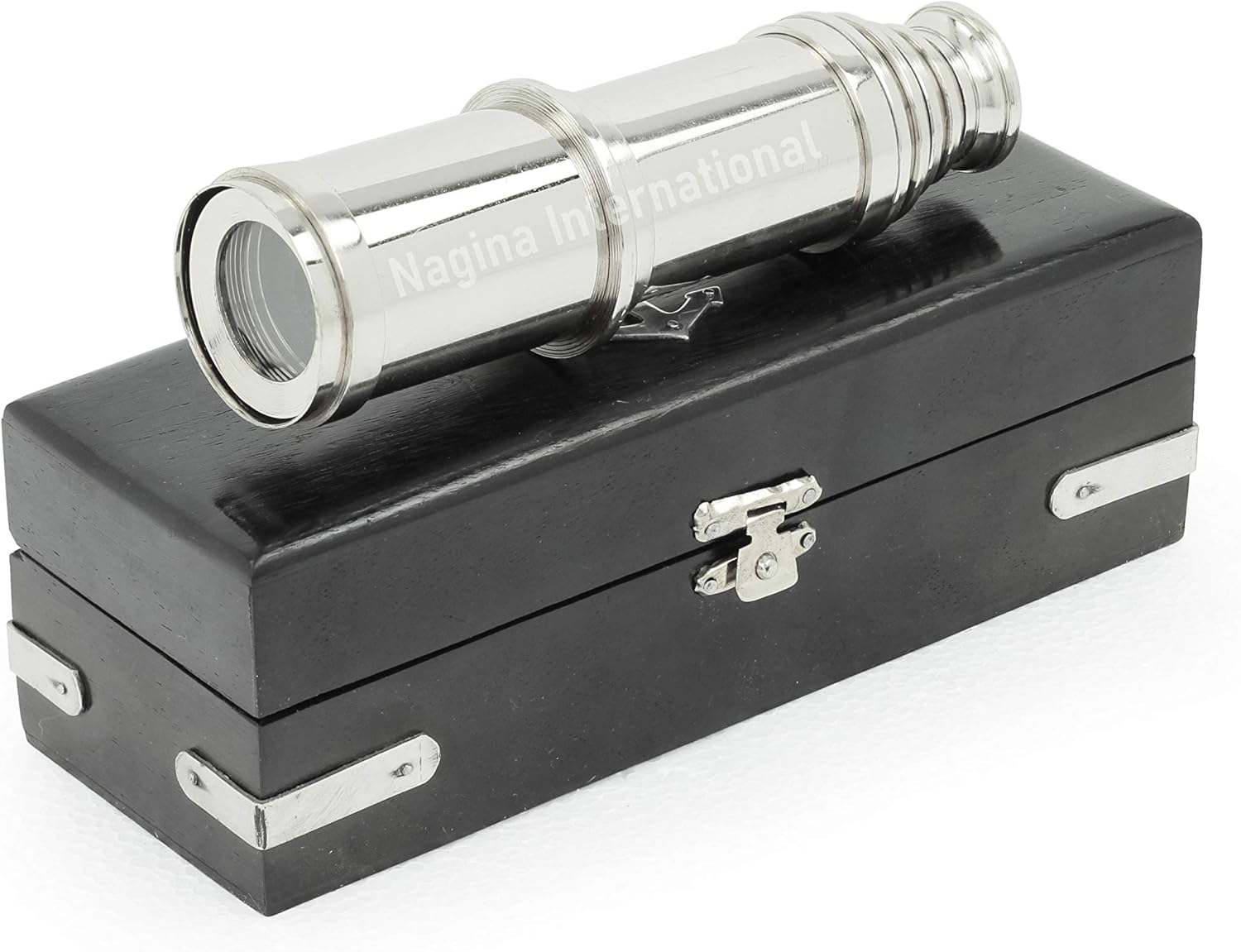 18 Inch Pirate Spyglass Brass Nickel Plated with Wooden Case