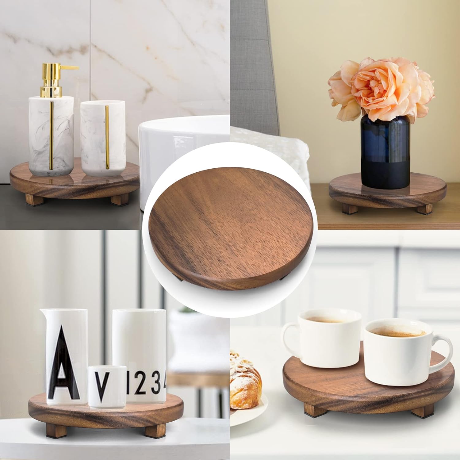 Walnut Wood Pedestal Stand for Kitchen Counter and Decor
