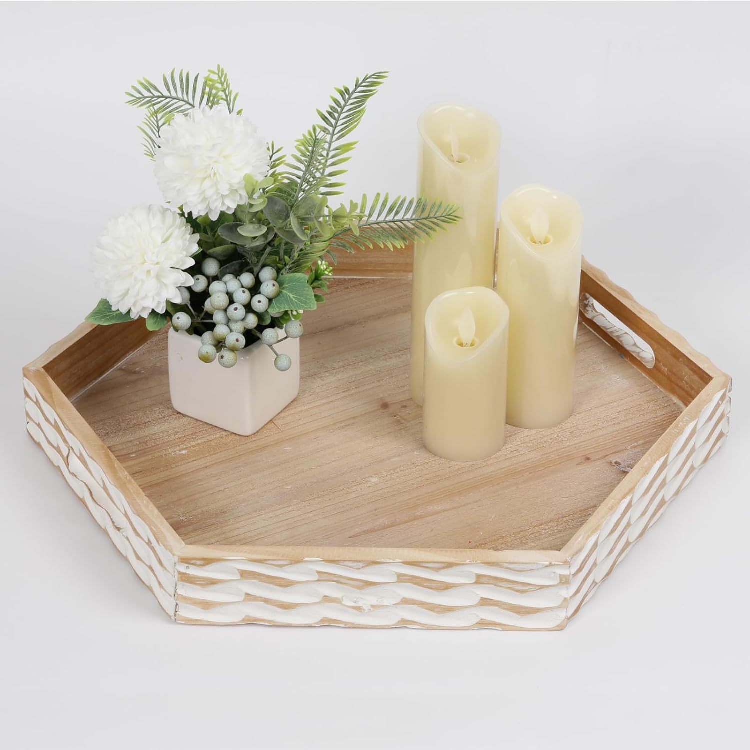 Farmhouse Wood Decorative Tray with Carving