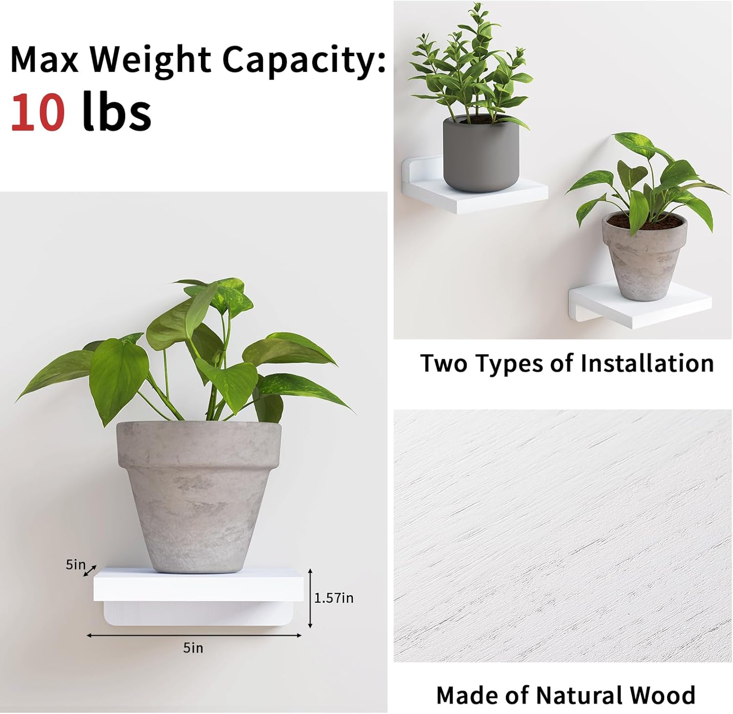 Fixwal Floating Shelves Set of 4 White 5x5 Inches