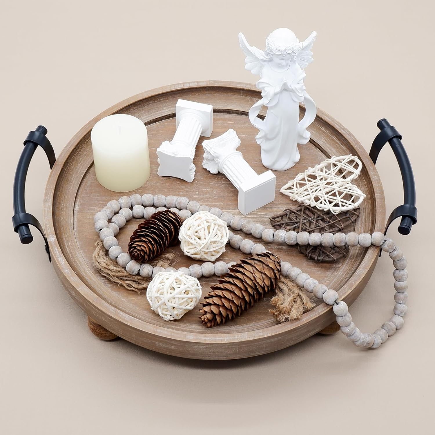 TOOLTENG Round Wooden Serving Tray with Handles