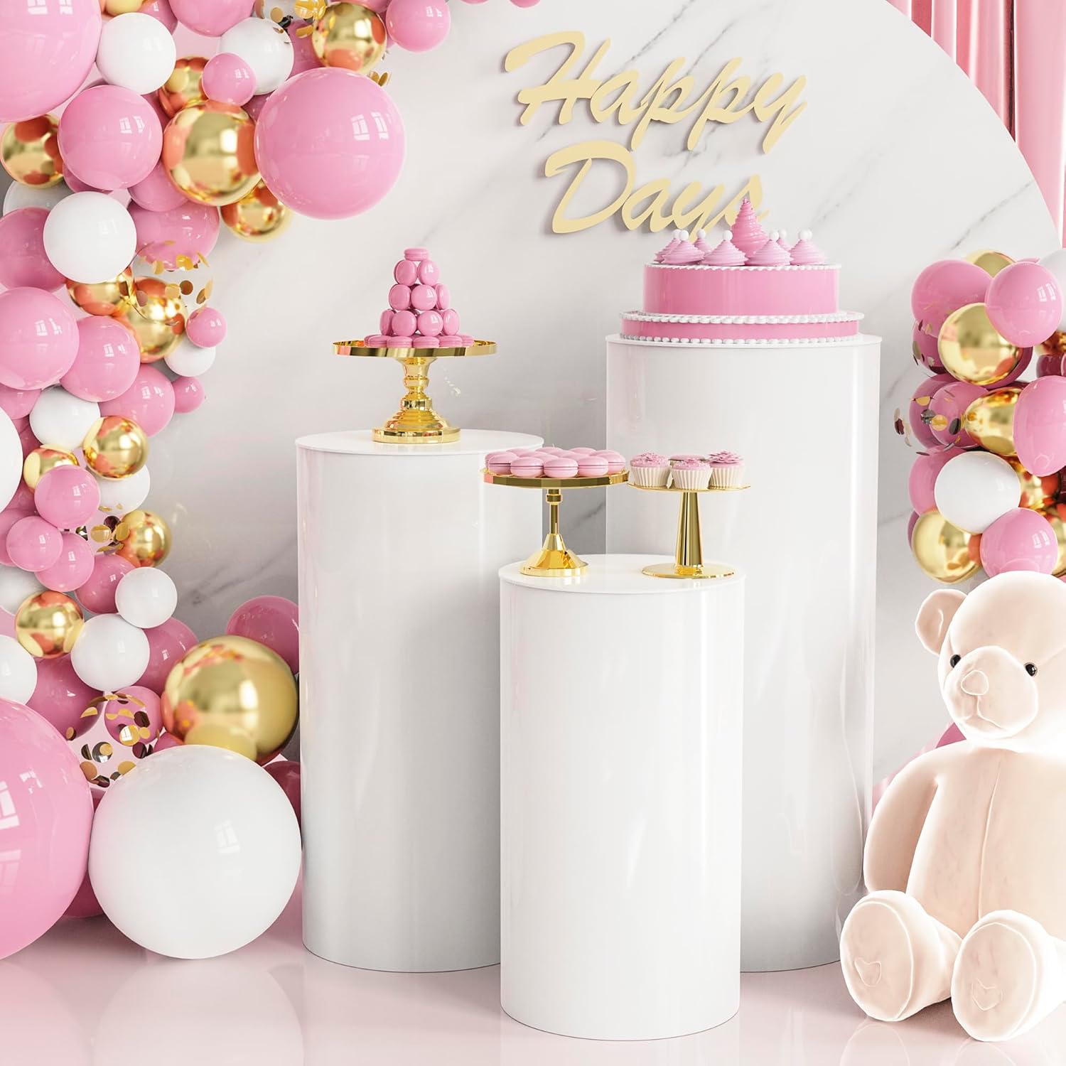 3Pcs White Cylinder Pedestal Stands for Party Decor