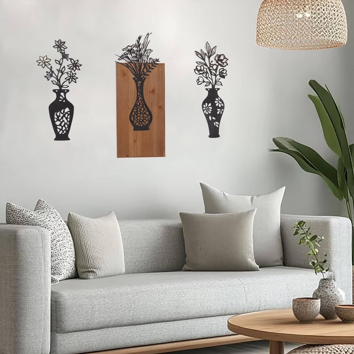 3pk Metal Wall Art Decor with Wooden Board