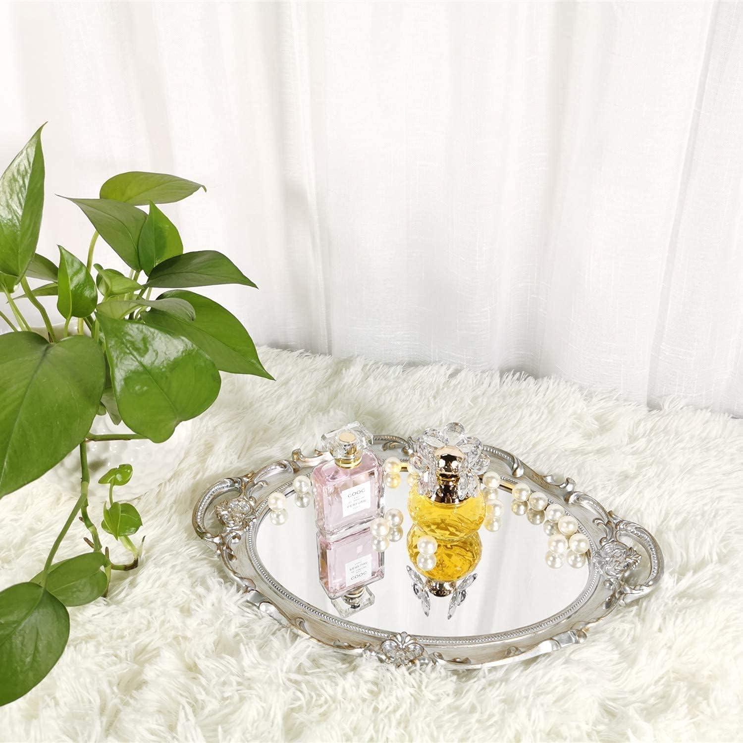 Oval Decorative Mirror Tray French Style Golden Silver