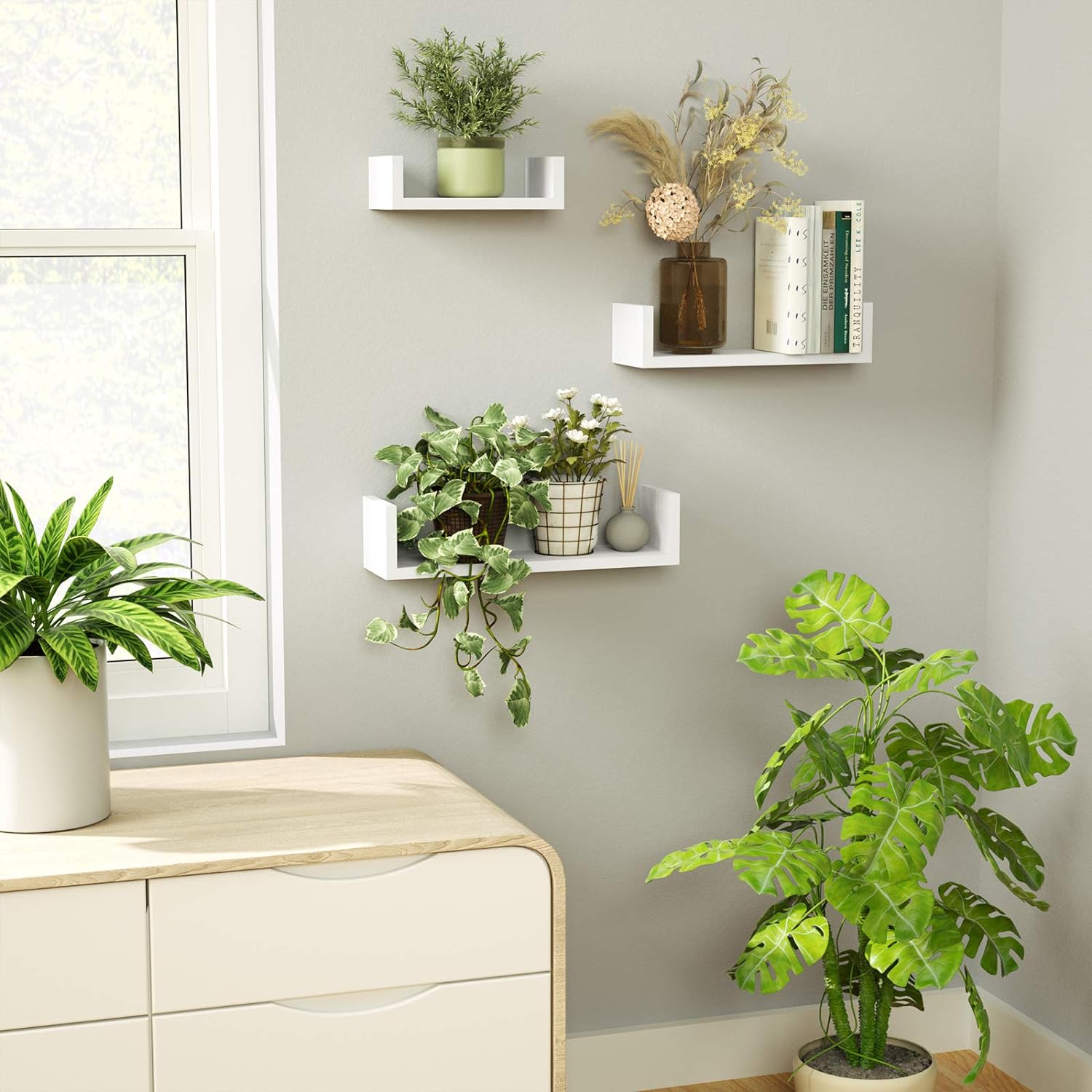 SRIWATANA White Floating Wall Shelves Solid Wood