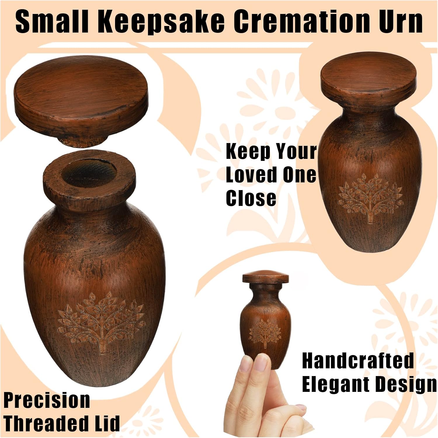 Chunful Mini Wooden Cremation Urn 315 Inch Keepsake Urn for Human Ashes
