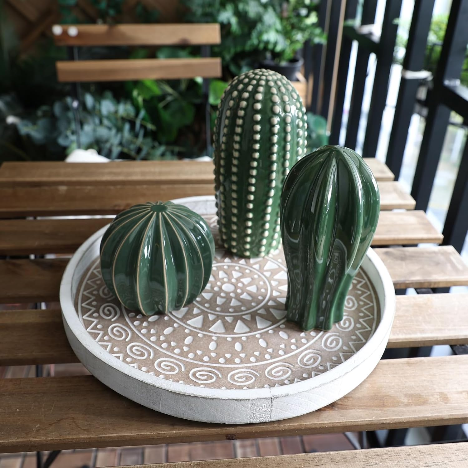 Boho Round Wooden Decorative Tray with Beaded Detail