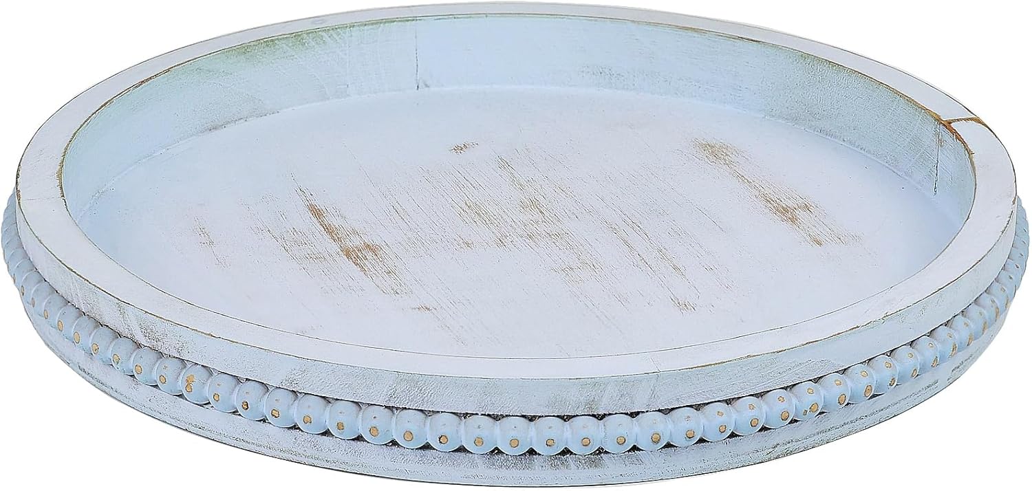 Round Wood Serving Tray with Beads and Blue Wash