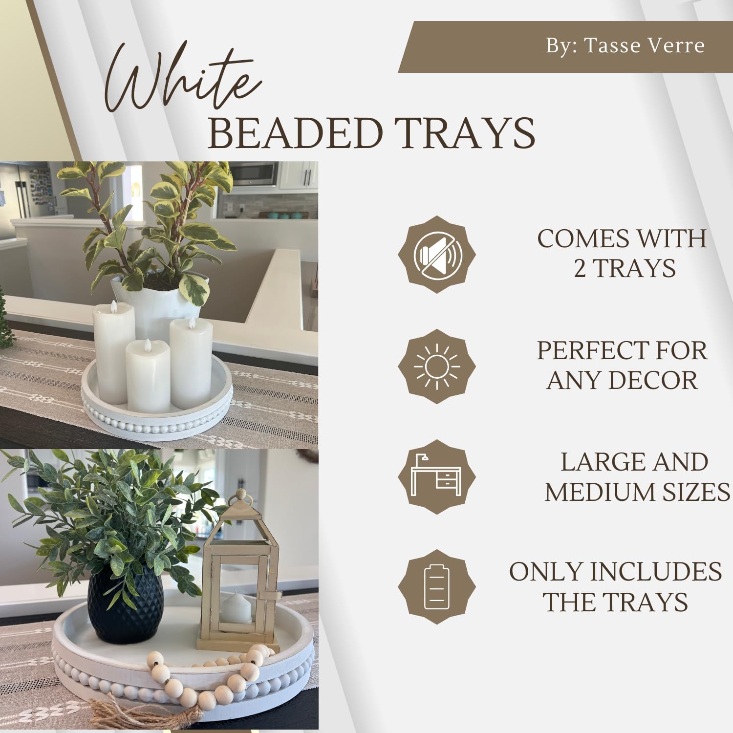 Tasse Verre White Beaded Decorative Tray Set 2-Pack