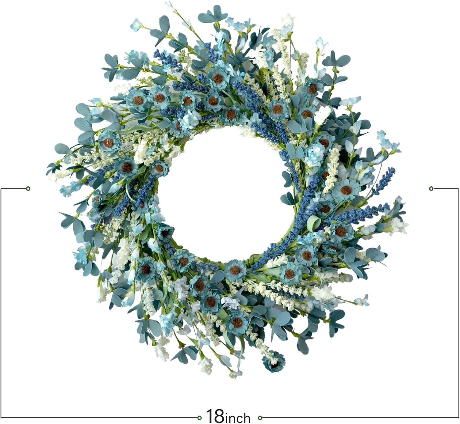 Bibelot 20 Inch Blue Daisy Spring Wreath with Green Leaves