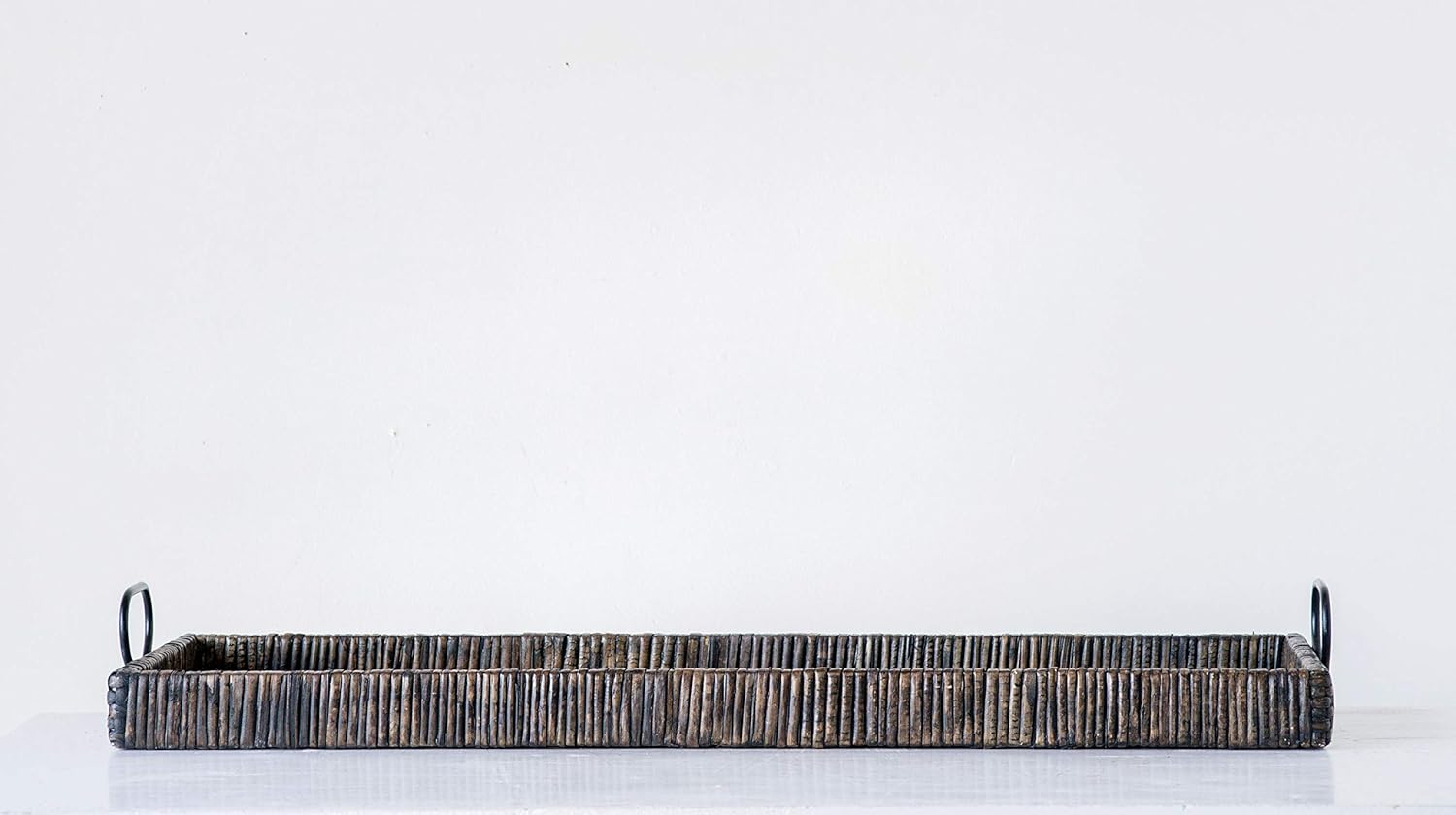 Creative Co Op Black Rattan Wood Tray with Handles