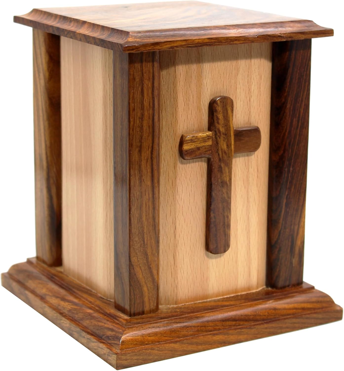 Handcrafted Wooden Memorial Urn with Cross for Human Ashes