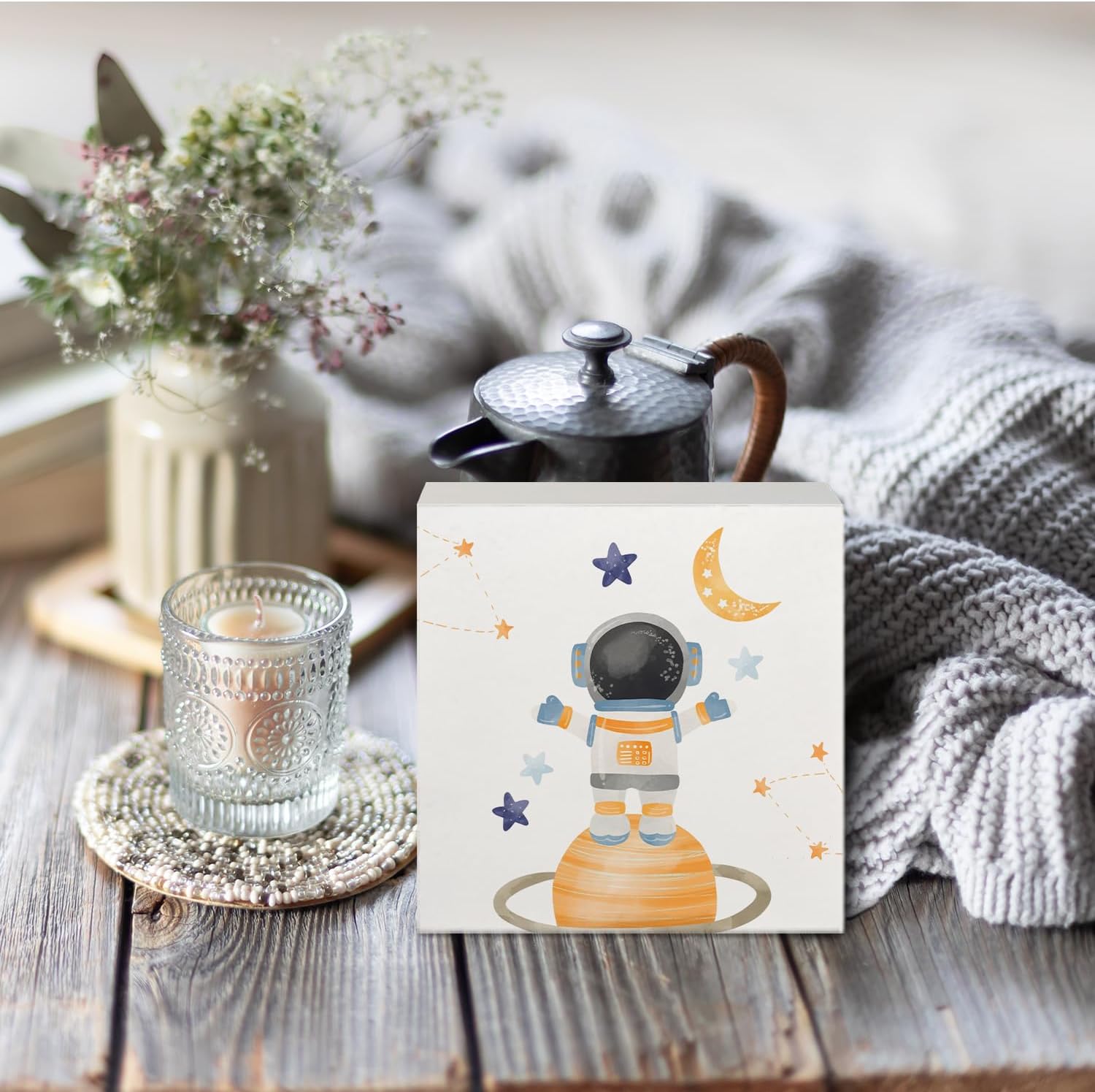 Space Nursery Decor Wooden Box Sign 5x5 Inch
