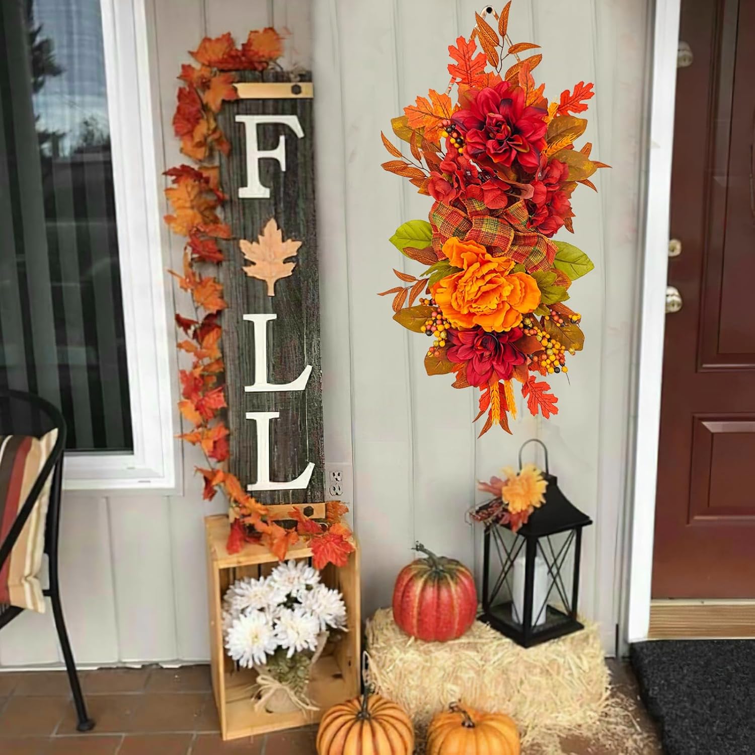 Artificial Peony Fall Decor Swag with Maple Leaves