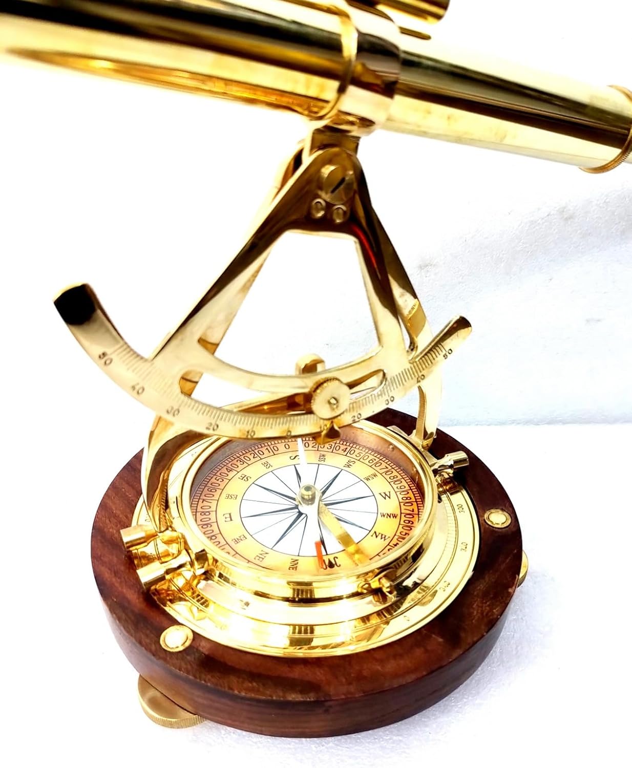 Brass Alidade Telescope with Wooden Base and Navigation Compass