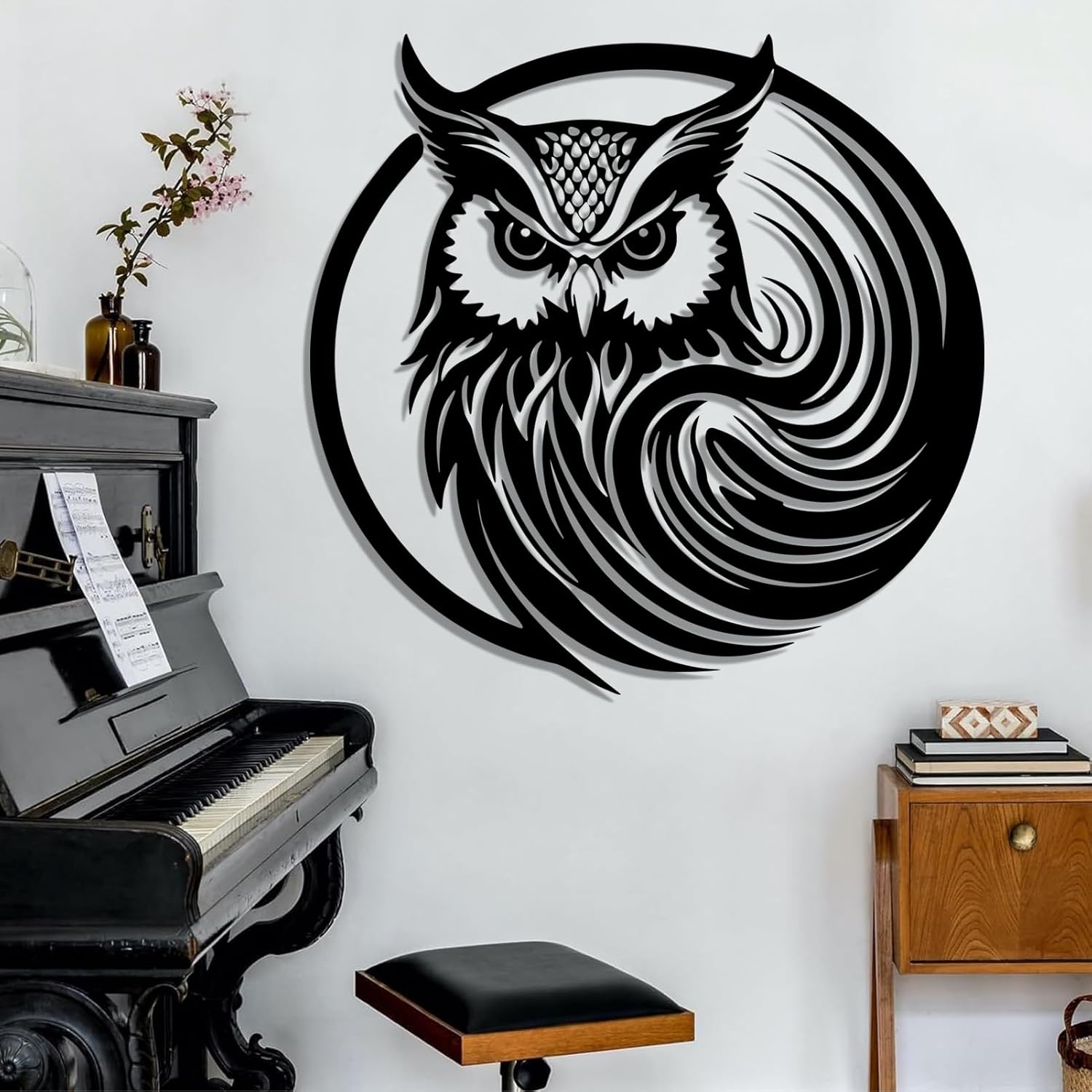 Metal Owl Wall Art Decor Black 19x18